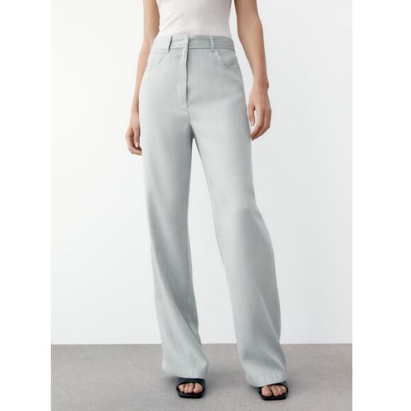 Zara High Rise Full Length Wide Leg Menswear Inspired Trouser Pant Light Blue - Picture 1 of 7